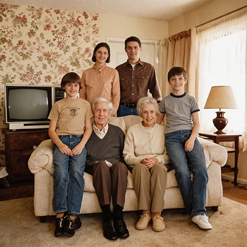 AI-restored and colorized family gathering photo from the 1990s