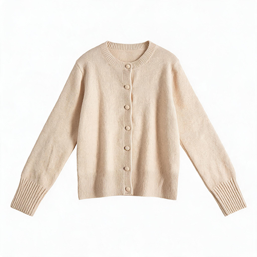 Beige knitted cardigan displayed flat on a white background