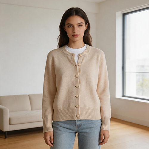 Young woman wearing a beige knitted cardigan in a minimalist interior