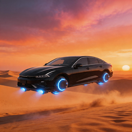 Black car driving through a dramatic desert landscape