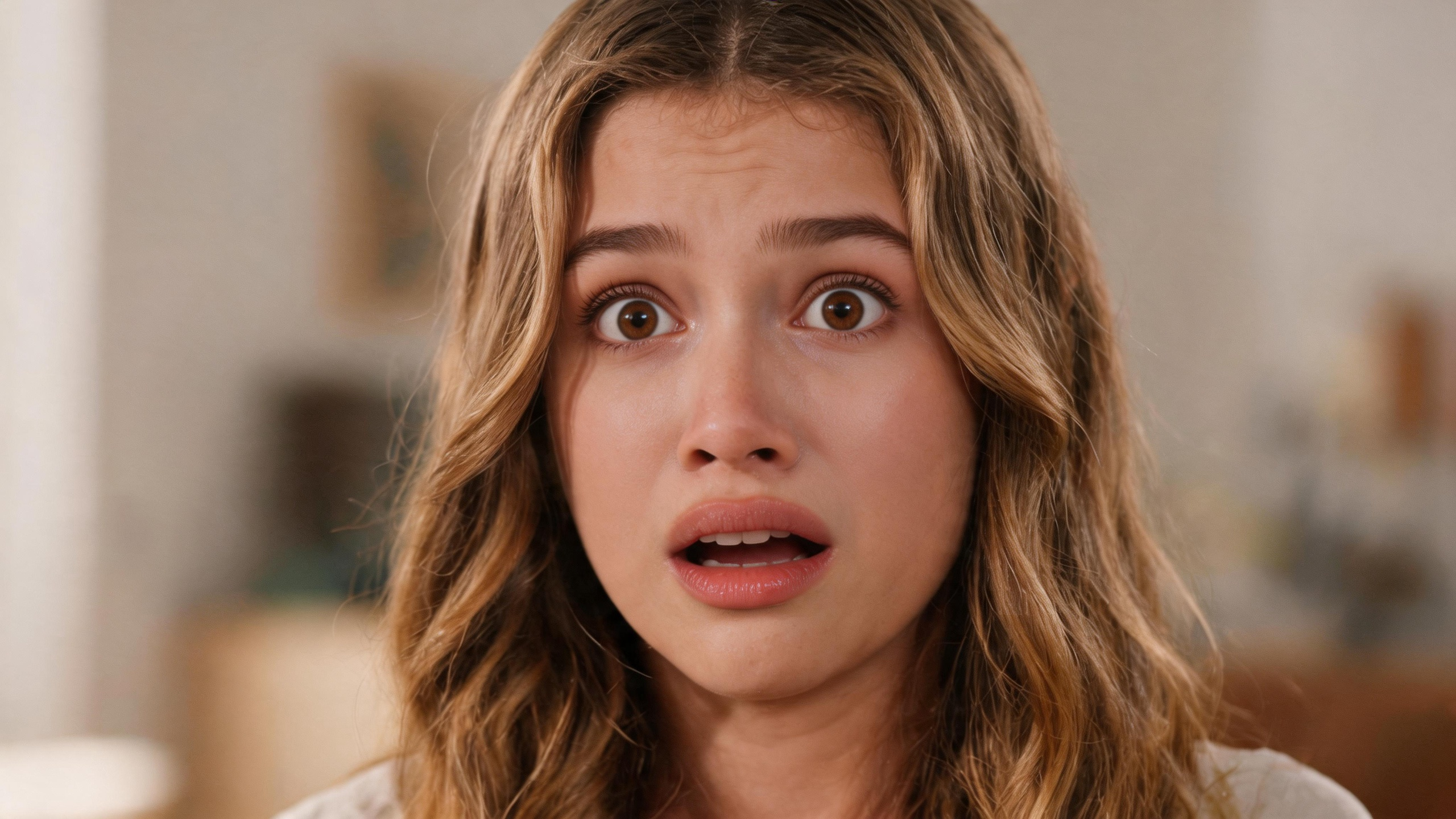 Same frontal indoor portrait with a surprised face, open mouth, and wide eyes