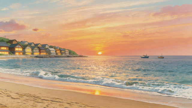Seaside Sunset Reimagined as a Ghibli Harbor (after)