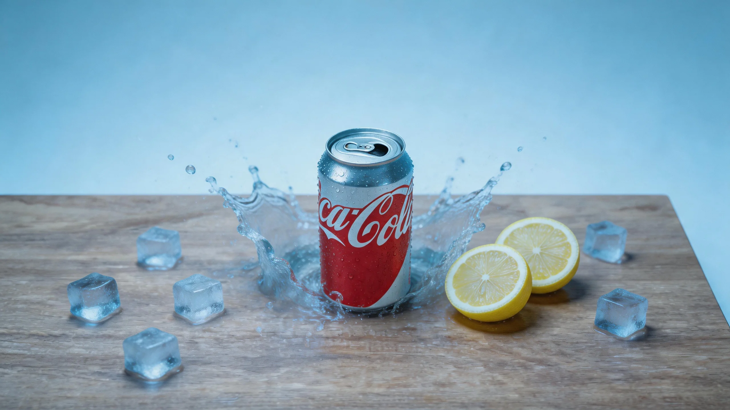 A drink can in the same position surrounded by water droplets, ice splashes and fruit under cool blue light.